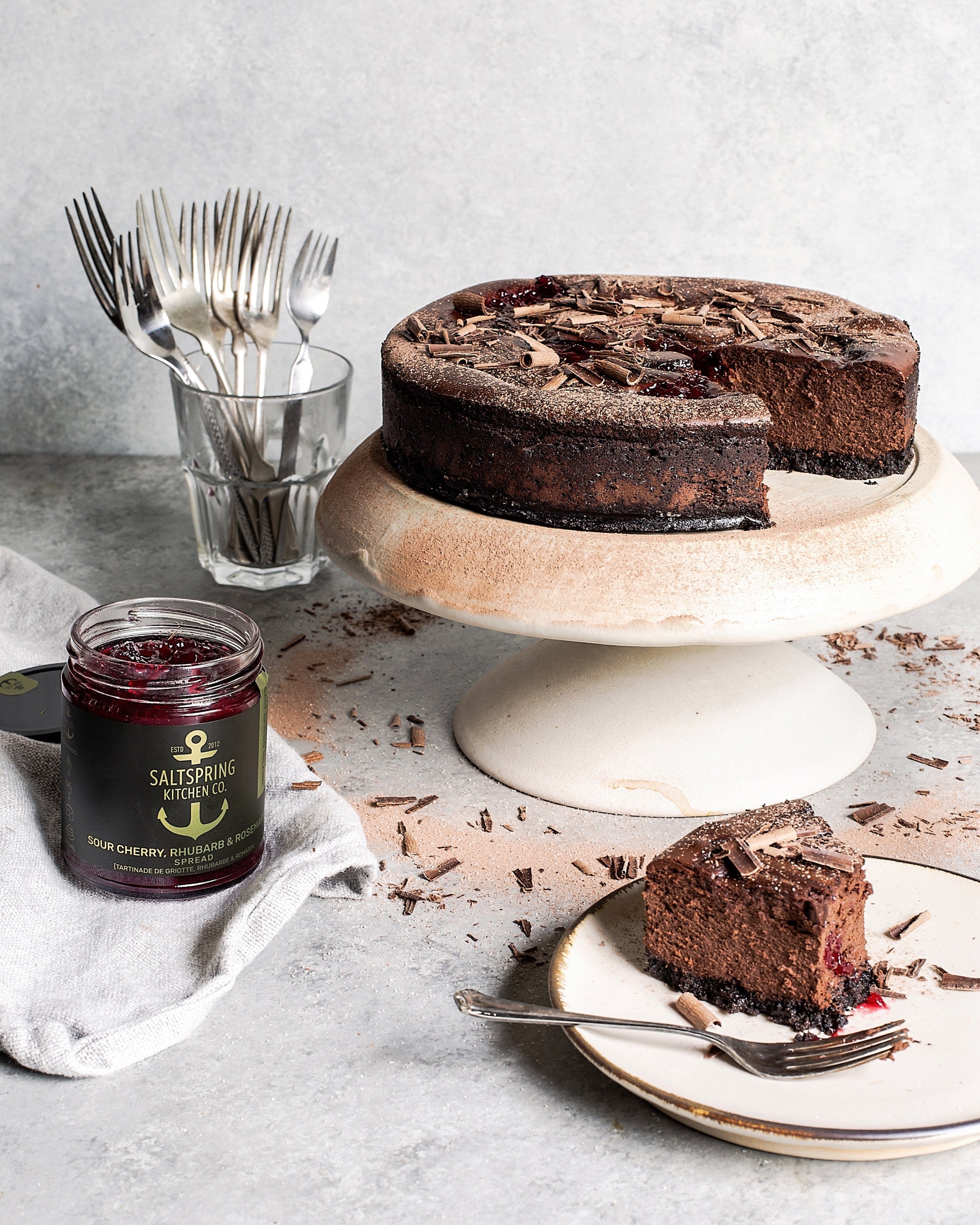 Salt Spring Kitchen Company Sour Cherry, Rhubarb and Rosemary Spread with Chocolate Cheesecake