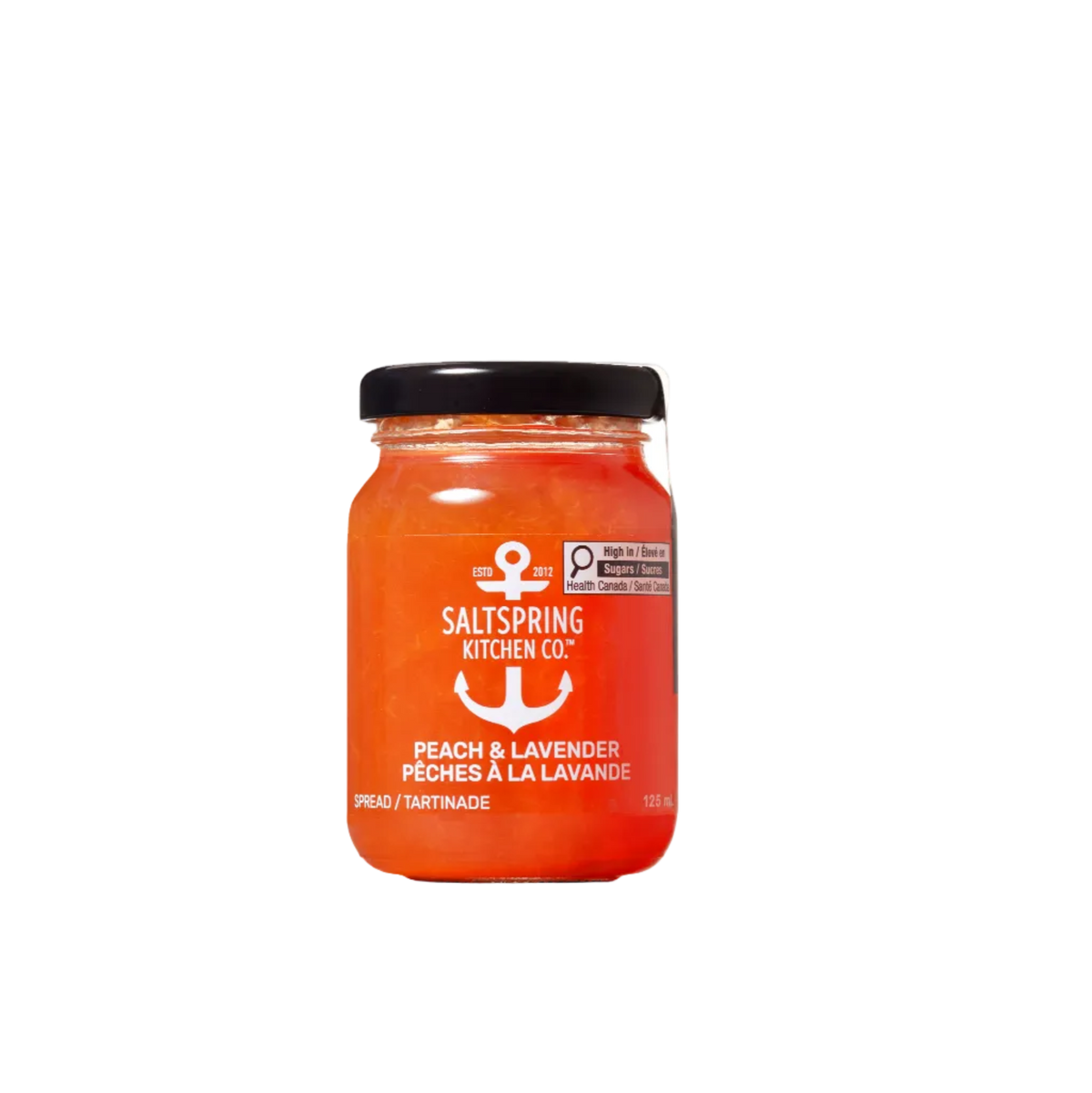 A glass jar of Saltspring Kitchen Co. Peach & Lavender Spread on a solid white background.
