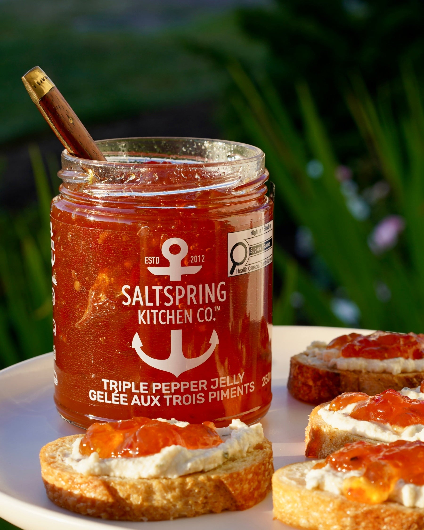 Jar of Saltspring Kitchen Co. triple pepper jelly with crostini slices and vegan cheese on a plate outdoors.