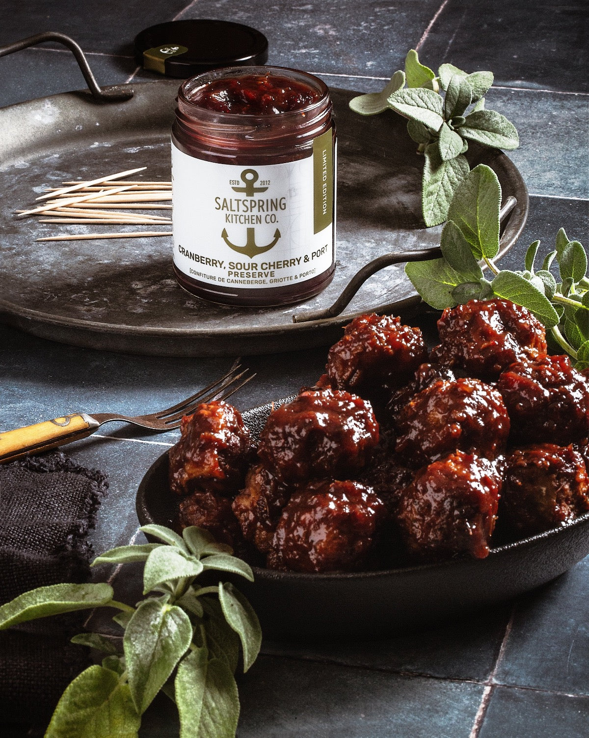 Salt Spring Kitchen Company Cranberry Sour Cherry and Port Preserve on a plate with meatballs