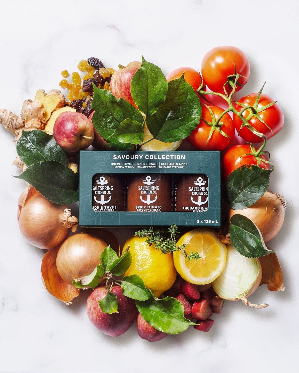 Salt Spring Kitchen Company Savoury Collection Trio Gift Box with ingredients in a flat lay