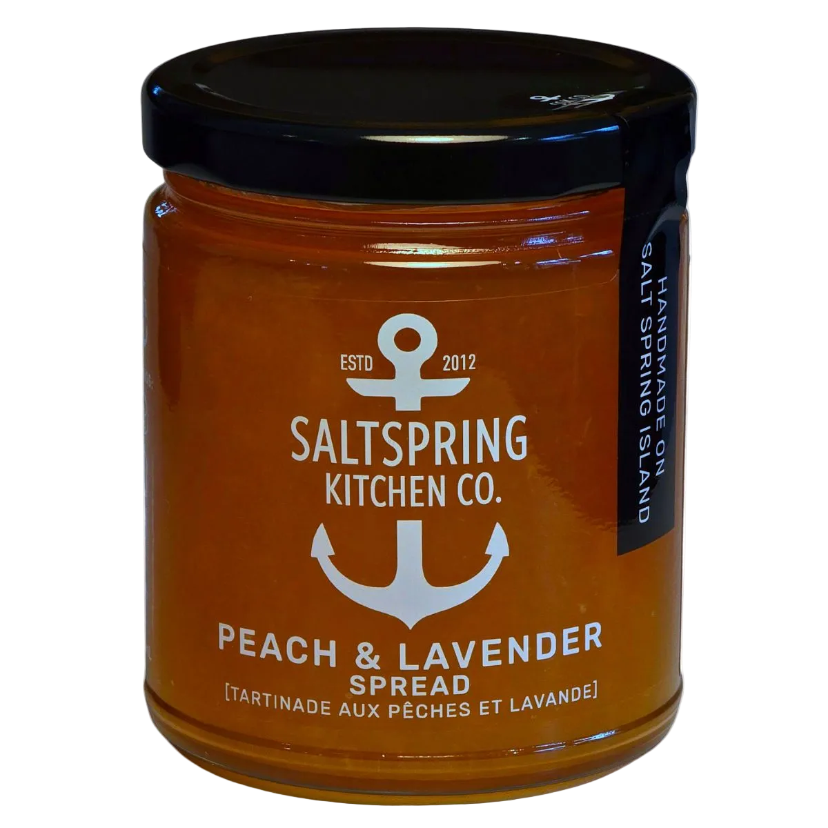 Jar of Peach & Lavender Spread from Saltspring Kitchen Co. with a black lid on a white background