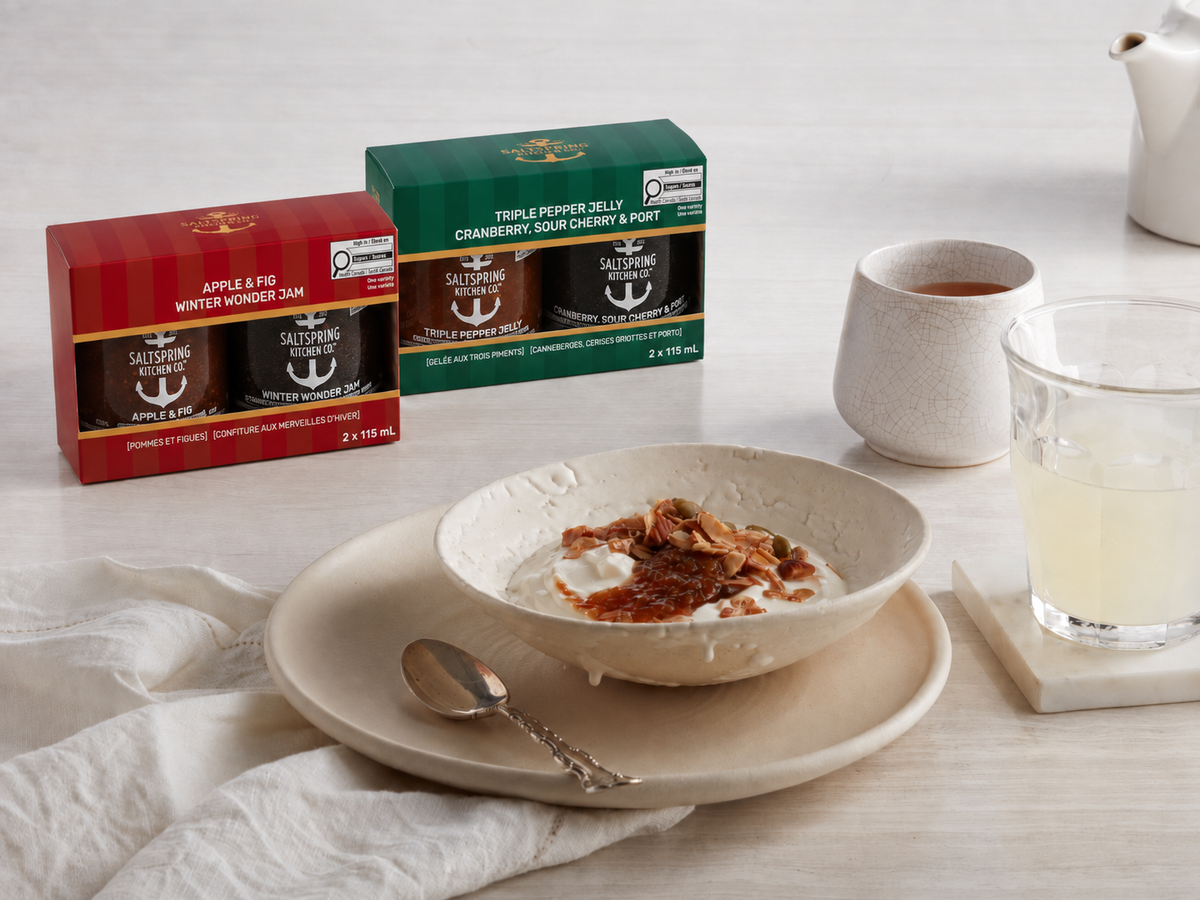 SaltSpring Kitchen Company - Winter Duo Collections Red and Green with gourmet preserves and Apple and Fig Spread on yogurt and granola
